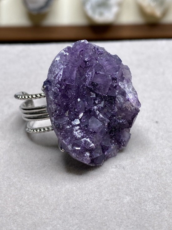 Jewelry - Purple Fluorite Crystal Cluster Ring • Deep Violet Stone • Geometric Statement